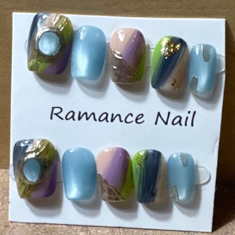 Press On Nails Abstract Blue Purple Gold Foil Art Short Square